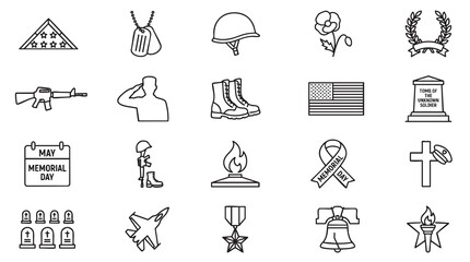 Obraz premium Collection of Military and Memorial Day Icons Representing Service and Remembrance.