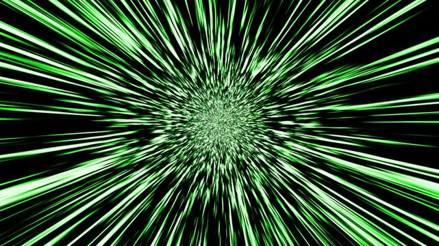 Green hyperspace warp speed tunnel with abstract light streaks animation