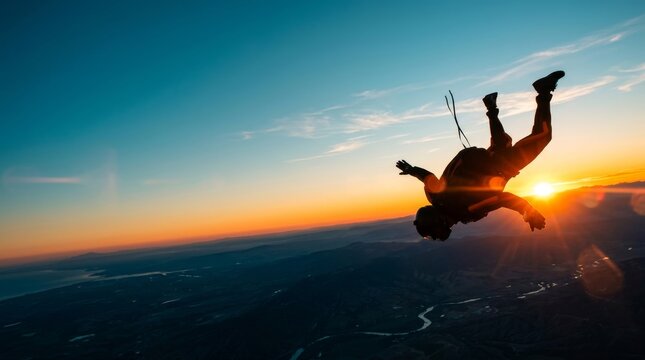Professional skydiver jumping out of a plane into a vast golden hour sky