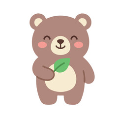 Fototapeta premium Cute Teddy Bear Holding Green Leaf Nature Theme Flat Vector