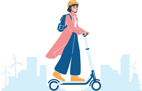 Woman Riding Electric Scooter to Work, Sustainable Urban Transportation, Flat Design Illustration