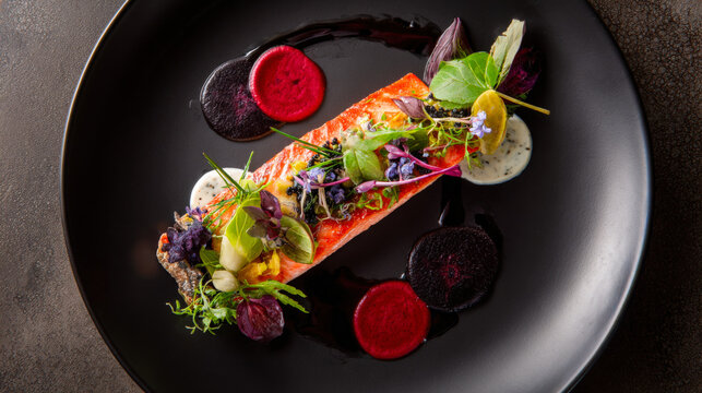 Gourmet seafood dish features roasted salmon with artistic vegetable setup on a dark plate
