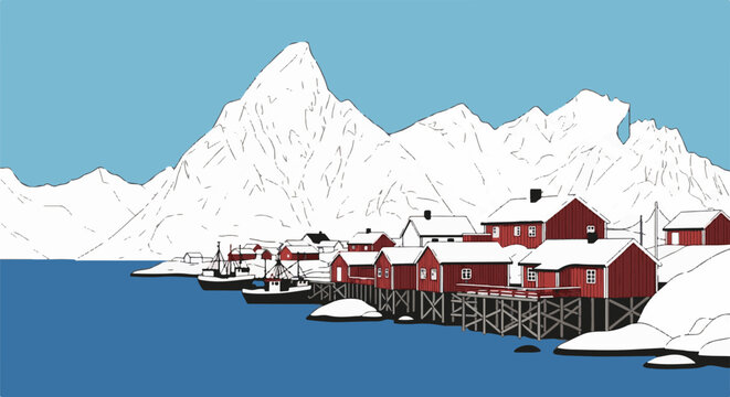 Snowy coastal village with red houses and majestic mountains