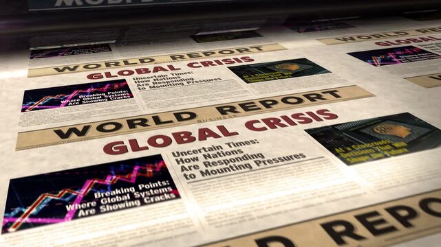 Global crisis daily news newspaper roll printing. Abstract concept retro headlines 3d seamless looped.