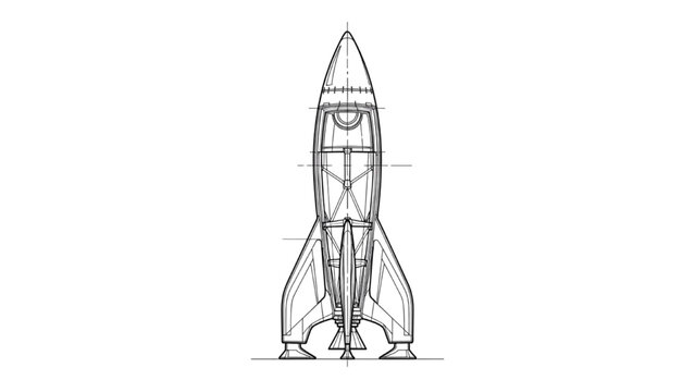 2D CAD drawing of a rocket standing on launchpad outdoors