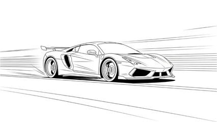 A 2D CAD illustration of a speeding sports car on a track at sunset © Stock Image Paradise