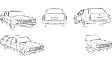 Obraz premium Detailed 2D CAD drawings showcase a car from multiple angles.
