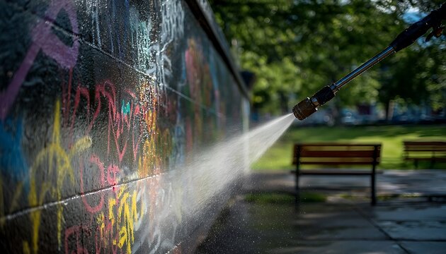 Graffiti removal with a high-pressure washer on a concrete wall in a park.