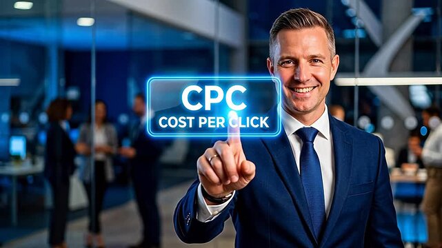 Businessman interacting with digital CPC interface representing the seamless integration of human and machine