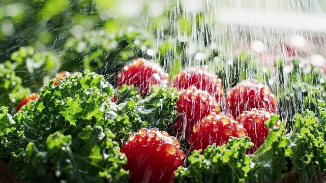 Water spraying over fresh kale tomatoes.