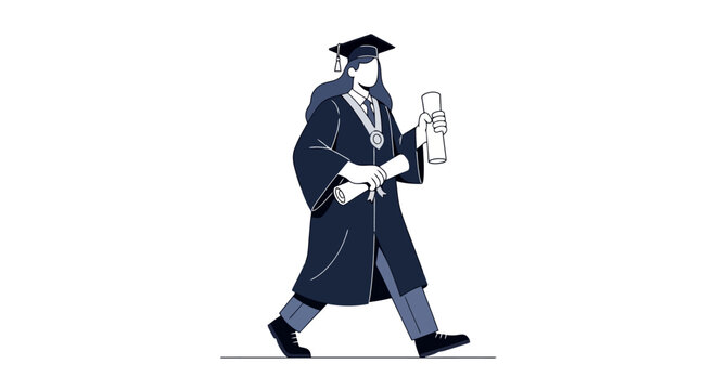 A graduate in academic regalia walking.