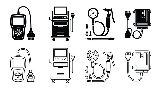 Set of car diagnostic tools icons, including obd scanner, diagnostic machine, tire pressure gauge and ecu unit, automotive repair equipment, vector illustration