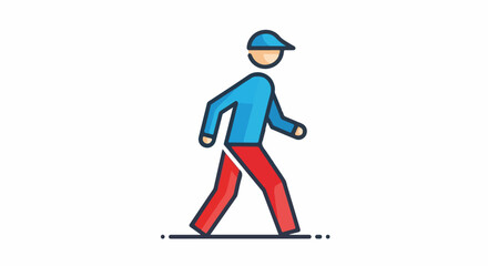 Fototapeta premium Stylized cartoon figure walking forward, wearing blue shirt and red pants