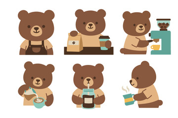 Obraz premium Cute Bear Barista Character Set Coffee Shop Theme Vector Bundle