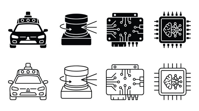 Autonomous vehicle technology icons set selfdriving car, lidar sensor, electronic control unit, and artificial intelligence chip vector illustration