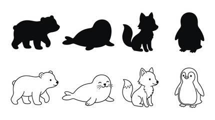 Set of cute arctic animals silhouettes and line art, polar bear, seal, fox and penguin, vector illustration © PixelAura_Studio