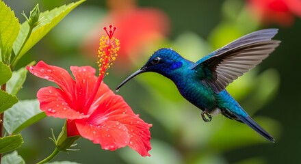 Fototapeta premium Sparkling violetear hummingbird nectaring on red hibiscus flower in tropical garden