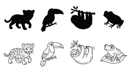 Fototapeta premium Set of cute rainforest animals silhouettes and line art, including jaguar, toucan, sloth, and frog