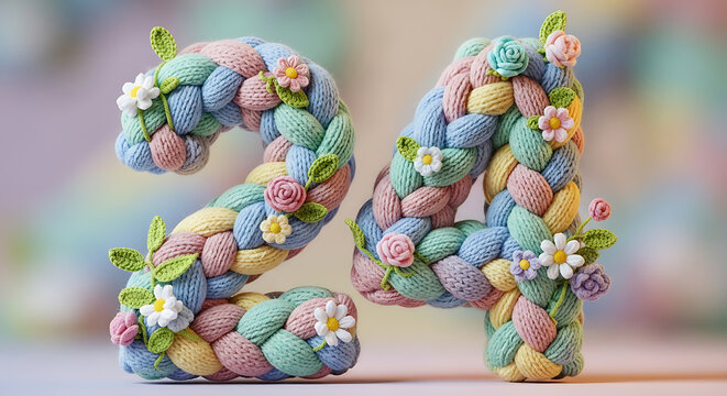 Charming knitted numbers 24 adorned with an array of flowers, leaves, and pastel color braids, celebrating a special year
