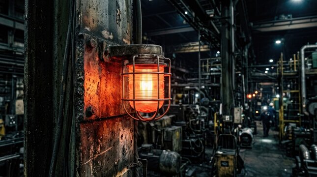Industrial warning light glows red in a dark factory setting highlighting safety protocols and machinery