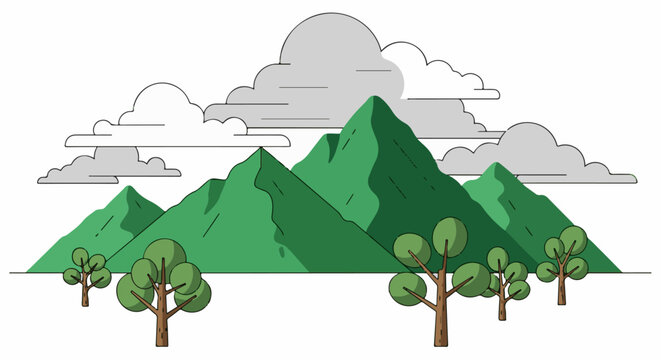 Stylized green mountains under a cloudy sky with trees