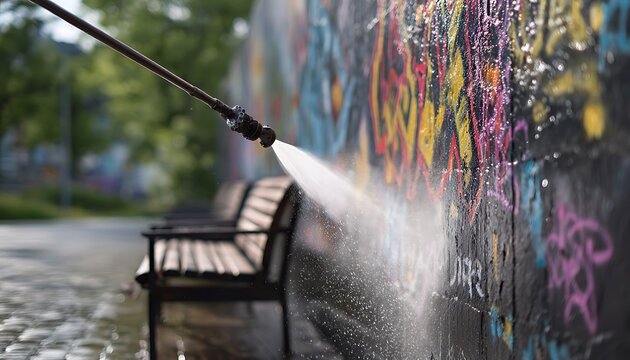 Pressure washer cleaning graffiti from a concrete wall next to a park bench.