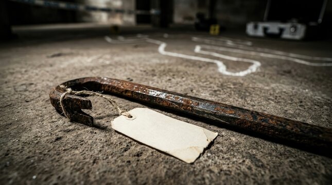 Crime scene investigation rusty crowbar with evidence tag at chalk outline of body