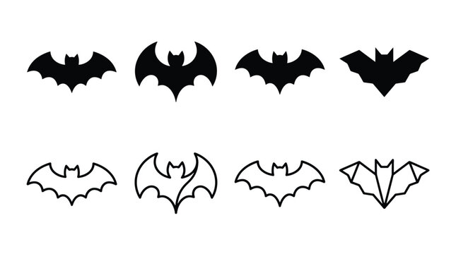 Set of black bat icons, collection of different bat silhouettes for halloween design, vector illustration