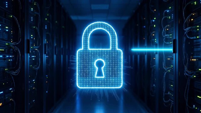 Glowing digital padlock icon appearing in a dark server room. Concept of data protection, cybersecurity, firewall, and encrypted cloud storage information technology.