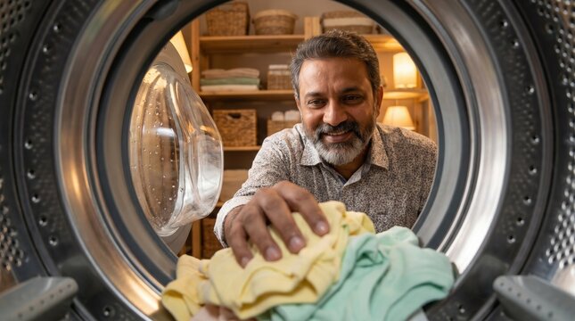View from inside washing machine of mature smiling man loading clothes for household laundry chore.