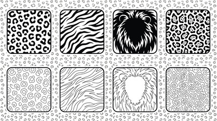 Set of animal print patterns and lion mane illustrations, including leopard spots, zebra stripes, and stylized lion portraits in black and white, vector graphic design elements for textile and decor © PixelAura_Studio