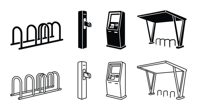 Set of urban infrastructure icons, including bike racks, parking payment terminals, and bus stops, vector illustration