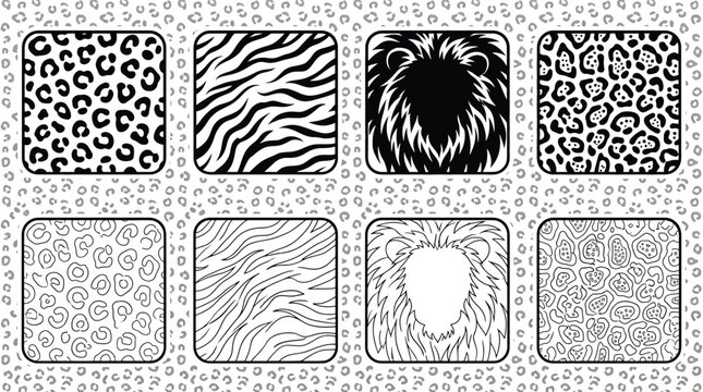 Set of animal print patterns and lion mane illustrations, including leopard spots, zebra stripes, and stylized lion portraits in black and white, vector graphic design elements for textile and decor