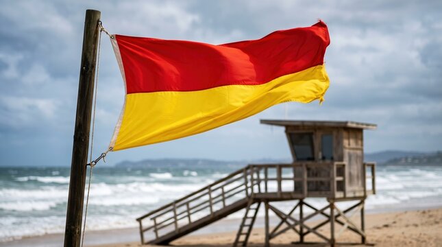 Red and yellow beach safety warning flag flying near wooden lifeguard tower against cloudy sky.