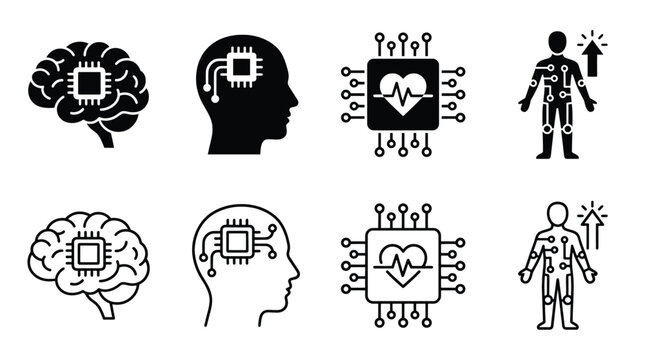 Set of cybernetic human icons, brain chip, artificial intelligence, human enhancement, bionic body, digital health, vector illustration