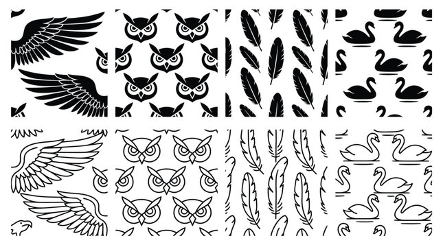 Set of seamless patterns with bird elements, wings, owl heads, feathers and swans, black and white vector illustrations