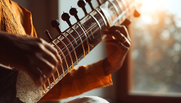Close-animated movie of a person's hands playing a traditional indian sitar instrument with warm sunlight streaming in from a window