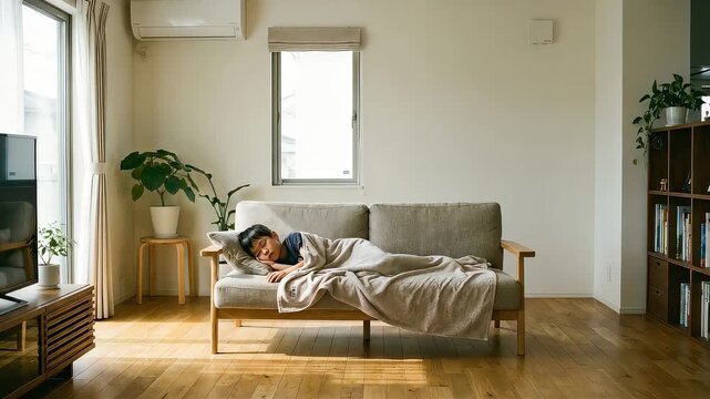 日差しが差し込む明るいリビングのソファで、毛布を掛けて安らかに昼寝をする若い女性