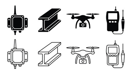 Set of construction and engineering icons including industrial sensor, steel beam, drone with camera, and handheld measuring device, vector illustration © PixelAura_Studio