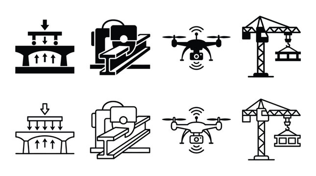 Set of construction and engineering icons, including bridge load testing, metal beam cutting, drone surveying, and tower crane, vector illustration