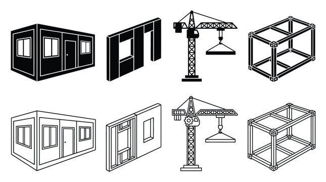 Set of construction icons, modular building, wall panel, crane, metal frame structure