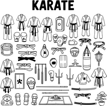 Detailed Black and White Line Art Vector Icons of Karate and Martial Arts Equipment, Uniforms, Weapons, and Training Gear Collection