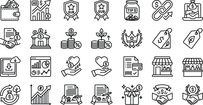 Monetization and Financial Growth Line Icon Set for Digital Business Ecommerce and Online Income Platforms