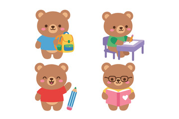 Fototapeta premium Cute Bear Student Character Set with Colorful Uniforms and Backpacks