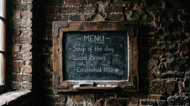 Vintage pub chalkboard menu displaying daily specials and establishment date against a rustic stone wall interior