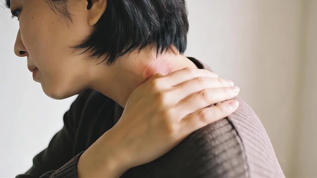 首筋の赤みと肩の痛みを気にするショートヘアの女性のクローズアップ