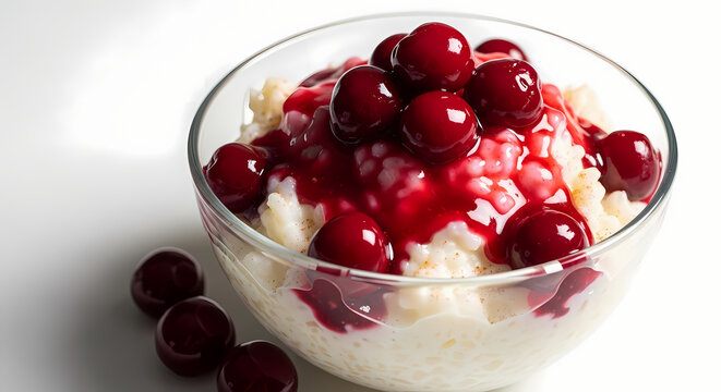 Creamy rice pudding bowl topped with cherry sauce.