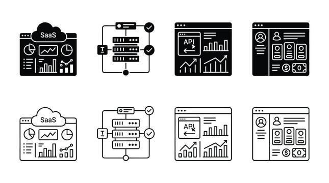 Saas and cloud computing icons set software as a service, server infrastructure, api integration, and user account management vector illustration