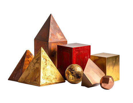 A striking still life composition features a collection of geometric shapes, including pyramids, cubes, and a sphere, rendered in metallic tones.