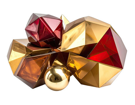 A striking still life composition features a cluster of gleaming golden and ruby-red geometric shapes, including multifaceted polyhedra and a polished sphere, set against a stark black background.